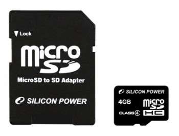 Карта памяти Silicon Power Флеш карта microSDHC 4Gb Class4 SP004GBSTH004V10-SP + adapter