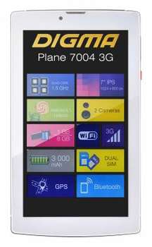 Планшет Digma Plane 7004 3G SC7731 4C/RAM1Gb/ROM8Gb 7" IPS 1024x600/3G/WiFi/BT/2Mpix/0.3Mpix/GPS/Android 5.1/белый/Touch/microSD 128Gb/GPRS/minUSB/3000mAh
