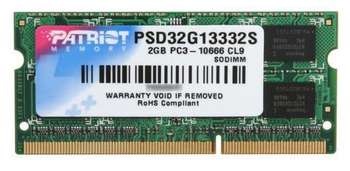 Оперативная память Patriot Память DDR3 2Gb 1333MHz  PSD32G13332S RTL PC3-10600 CL9 SO-DIMM 204-pin 1.5В dual rank