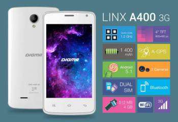 Смартфон Digma A400 3G Linx 4Gb белый моноблок 3G 2Sim 4" 480x800 Android 5.1 2Mpix WiFi BT GSM900/1800 GSM1900 TouchSc MP3 VidConf FM A-GPS microSD max32Gb