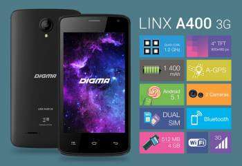 Смартфон Digma A400 3G Linx 4Gb графит моноблок 3G 2Sim 4" 480x800 Android 5.1 2Mpix WiFi BT GSM900/1800 GSM1900 TouchSc MP3 VidConf FM A-GPS microSD max32Gb